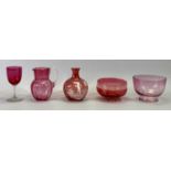 CRANBERRY/RUBY GLASSWARE - Late 19th Century, bowl with crimped clear glass foot, 12cms diameter,