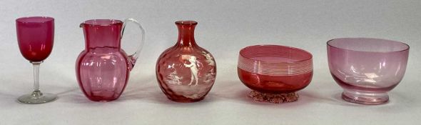 CRANBERRY/RUBY GLASSWARE - Late 19th Century, bowl with crimped clear glass foot, 12cms diameter,