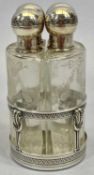 FRENCH SILVER TOPPED & CUT GLASS SCENT BOTTLE QUARTETTO in a circular stand, Minerva head silver