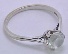 18CT WHITE GOLD CATHEDRAL SET WHITE SAPPHIRE SOLITAIRE RING - 1.5ct claw set round cut stone, 7.