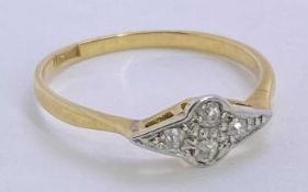 18CT GOLD RING - set with four small diamonds, Size mid O-P, 1.9grms