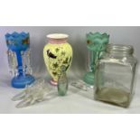 VICTORIAN GLASS LUSTRES (2) - one blue, one green, hand painted with flowers and leaves and with