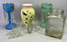 VICTORIAN GLASS LUSTRES (2) - one blue, one green, hand painted with flowers and leaves and with