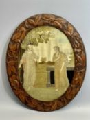 ANTIQUE OVAL SILKWORK PICTURE - Y Bedd Gwag (The Empty Tomb), within an oak leaf carved frame, 46