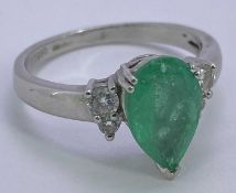 PLATINUM PEAR CUT EMERALD & DIAMOND RING - approx 1.5ct emerald, 12 x 8mm, the tip shoe mounted,