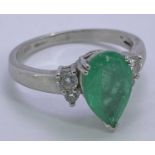 PLATINUM PEAR CUT EMERALD & DIAMOND RING - approx 1.5ct emerald, 12 x 8mm, the tip shoe mounted,