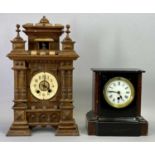 MANTEL CLOCKS (2) - Late 19th Century polished black slate with red marble panels, the case with