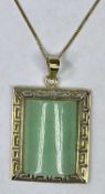 CONTINENTAL 9CT GOLD & JADE PENDANT - on fine link 9ct gold necklace, 26.5cms overall L, 23 x 20mm