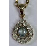 ANTIQUE STYLE 9CT GOLD PASTE SET PENDANT DROP - on a filed belcher link necklace, the pendant with
