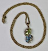 9CT GOLD PENDANT NECKLACE - with twist floral diamond and other gem set drop on a triple trace 9ct