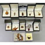 CONTEMPORARY 925 STAMPED SILVER & AMBER MOUNTED JEWELLERY - 15 various items to include six