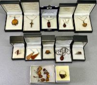 CONTEMPORARY 925 STAMPED SILVER & AMBER MOUNTED JEWELLERY - 15 various items to include six