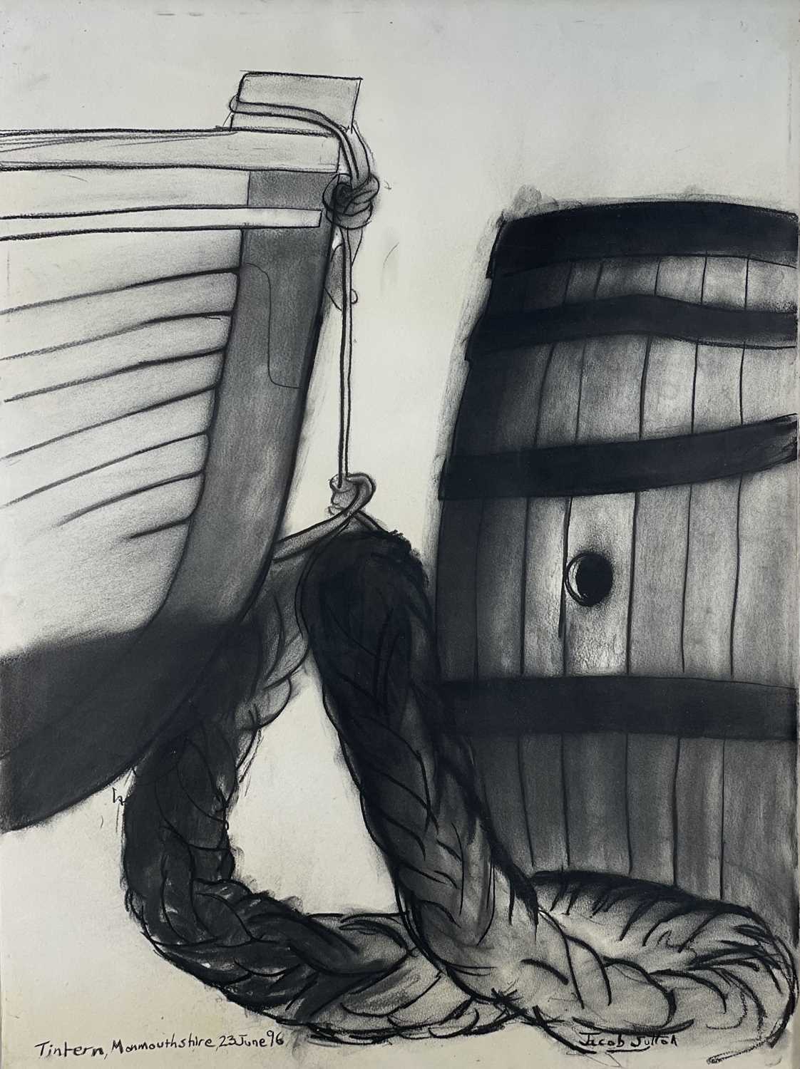 JACOB SUTTON charcoal - entitled verso on Albany Gallery label 'Boat and Rope, Tintern,