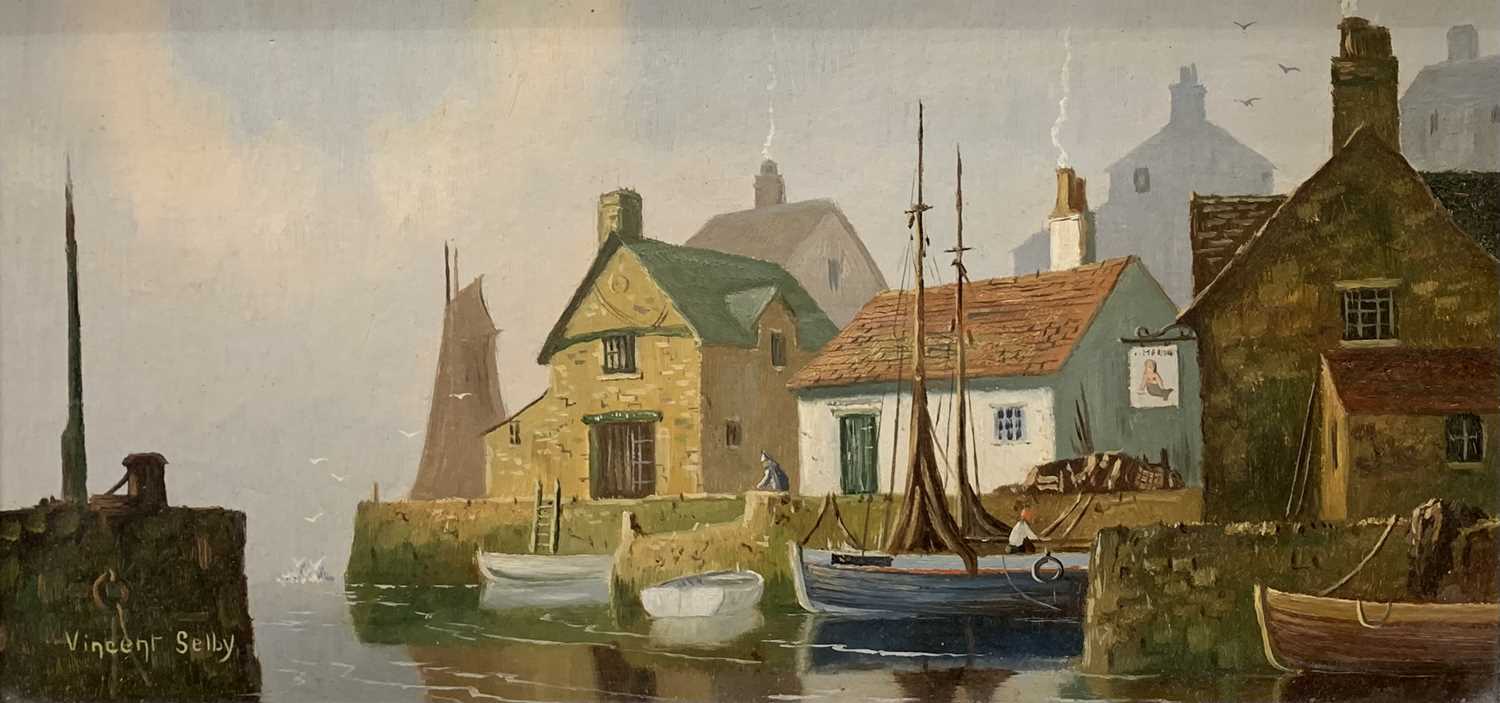 VINCENT SELBY British 1919 - 2004 oil on board - picturesque harbour, signed lower left, 14.5 x 29.