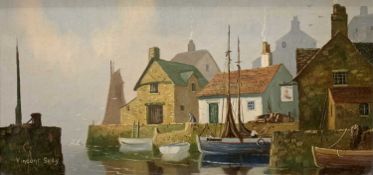 VINCENT SELBY British 1919 - 2004 oil on board - picturesque harbour, signed lower left, 14.5 x 29.
