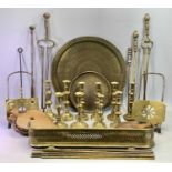 VICTORIAN BRASSWARE - five pairs of candlesticks, 25.5cms H, two pierced brass and steel fireside