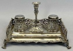 LONDON 1857 DESKTOP PEN & INK STAND WITH CENTRAL CANDLESTICK - Makers Charles Thomas Fox and