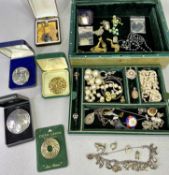 VINTAGE JEWELLERY BOX & CONTENTS - gold tone necklaces, jewelled silver locket, silver charm