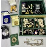 VINTAGE JEWELLERY BOX & CONTENTS - gold tone necklaces, jewelled silver locket, silver charm