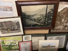 ANTIQUARIAN MAP REPRODUCTIONS, coaching print engraving, North Wales photographs in oak frames,