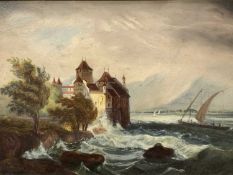 M RAMSEY 1884 oil painting on canvas - Lake Geneva, unsigned, 40.5 x 22cms (re-framed but also