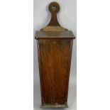 18TH CENTURY OAK CANDLE BOX - sloping lift up lid with leather strap hinge, 52cms H, 19cms W, 15.