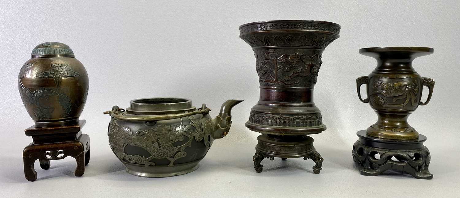 CHINESE CAST BRONZE TWO-HANDLED VASE - 12.5cms H, another Chinese bronze vase with later base, 21cms - Bild 2 aus 2