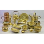 19TH CENTURY & LATER BRASSWARE - oval brass hot water can, 25cms H, a pair of candlesticks with