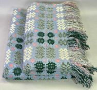 TRADITIONAL WELSH WOOLLEN BLANKET - with tassel ends, blue, pink and cream in colour, 195 x 237cms
