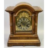 GERMAN WALNUT CASE MANTEL CLOCK - Late 19th Century, with dome top, reeded three quarter columns