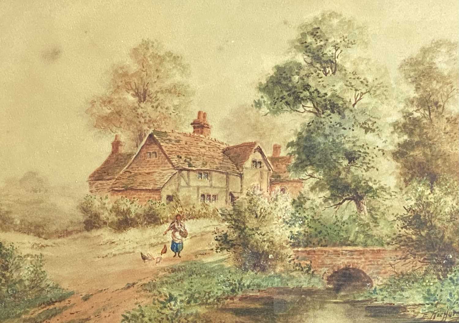 E RICHARDS watercolours, a pair - bonneted ladies feeding hens and ducks with buildings to the - Image 2 of 3