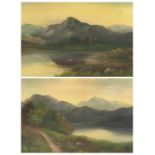 OILS ON CARD, A PAIR, late 19th/early 20th century - extensive lake landscapes, unsigned, 49.5 x