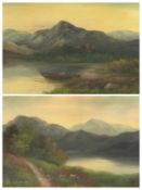 OILS ON CARD, A PAIR, late 19th/early 20th century - extensive lake landscapes, unsigned, 49.5 x