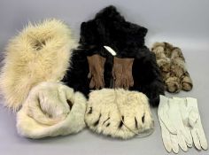 AN ERMINE FUR HAT, AN ERMINE MUFF, two vintage pairs of lady's leather gloves, fur scarf, gilet,