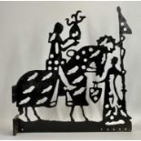UNUSUAL IRON SIGN - shaped and pierced depicting a knight on horseback with attendant, double