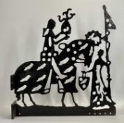 UNUSUAL IRON SIGN - shaped and pierced depicting a knight on horseback with attendant, double