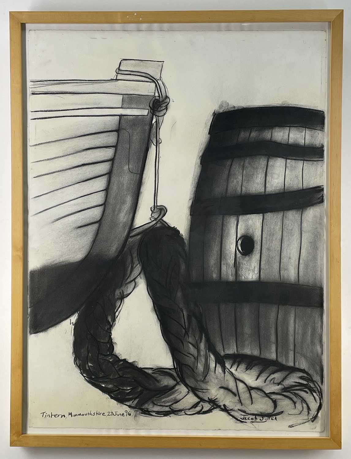 JACOB SUTTON charcoal - entitled verso on Albany Gallery label 'Boat and Rope, Tintern, - Image 2 of 2