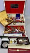 VINTAGE JEWELLERY BOX & CONTENTS - Vaseline and hardstone necklaces, Celtic style brooches, gold