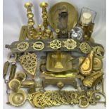 BRASSWARE - a quantity of antique and later including a pair of candlesticks, 25cms H, embossed shot