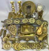 BRASSWARE - a quantity of antique and later including a pair of candlesticks, 25cms H, embossed shot