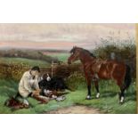 OIL ON CARD - hunter with game, dogs and pony, label verso 'With best wishes from Lt Col Sir Goronwy