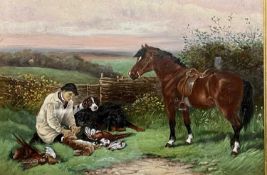 OIL ON CARD - hunter with game, dogs and pony, label verso 'With best wishes from Lt Col Sir Goronwy