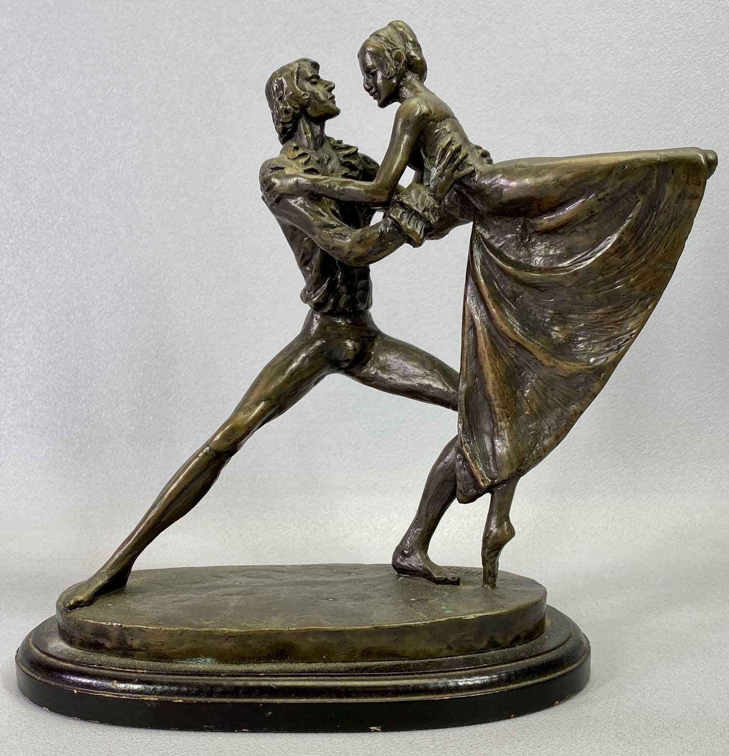 MODERN PATINATED BRONZE GROUP OF TWO DANCERS - signed Kim B '86, 26.5cms H, 23cms W, 11.5cms D