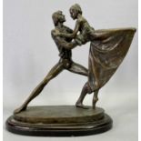 MODERN PATINATED BRONZE GROUP OF TWO DANCERS - signed Kim B '86, 26.5cms H, 23cms W, 11.5cms D