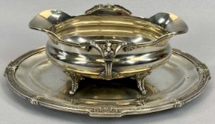 FRENCH SILVER TWIN HANDLED SAUCE BOAT ON STAND with Minerva head 950 standard mark, Maker