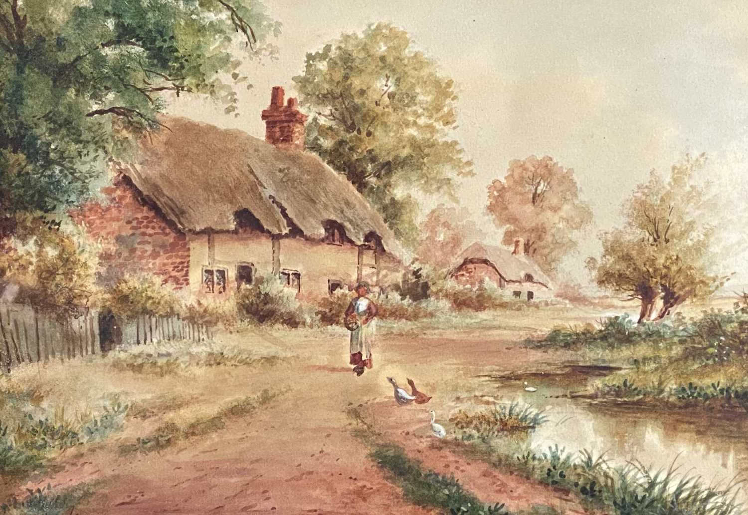 E RICHARDS watercolours, a pair - bonneted ladies feeding hens and ducks with buildings to the - Image 3 of 3