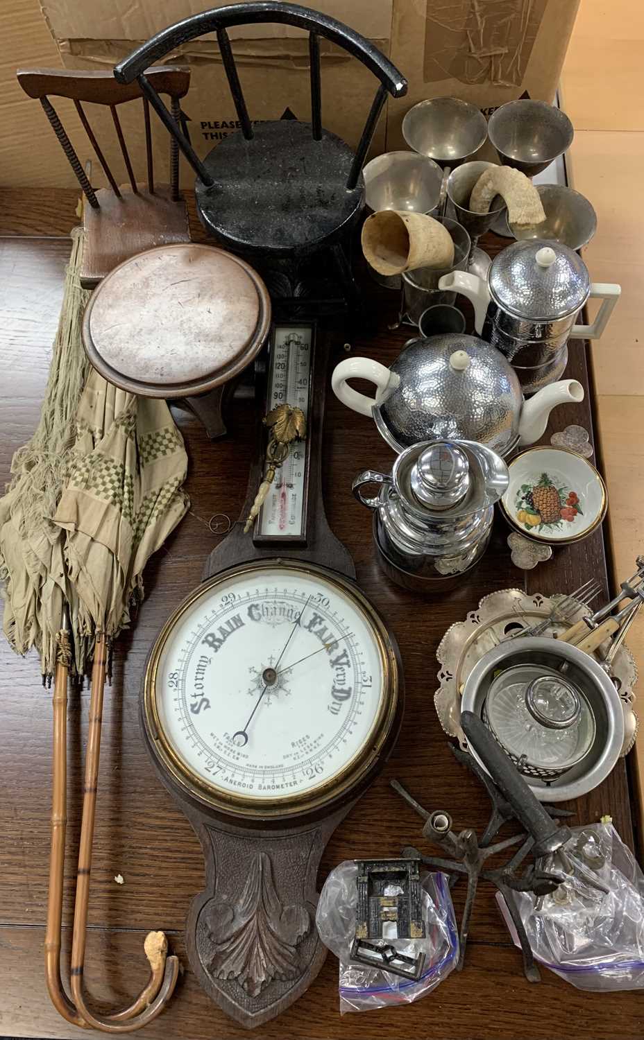 MIXED ITEMS - to include Edwardian oak cased aneroid barometer with thermometer, 81cms, two