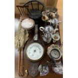 MIXED ITEMS - to include Edwardian oak cased aneroid barometer with thermometer, 81cms, two