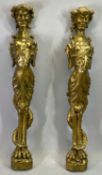 ANTIQUE CARVED WOOD AND GILT GESSO MOUNTS (2) - carved as Harpies, 61cms H, 11cms W, 8cms D