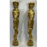 ANTIQUE CARVED WOOD AND GILT GESSO MOUNTS (2) - carved as Harpies, 61cms H, 11cms W, 8cms D